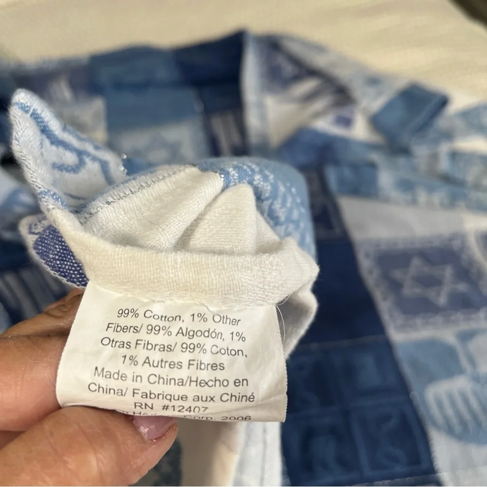 Sam Hedaya Blue White TableCloth 99% Cotton Hanukkah Menorah Rectangle 60”x104”
